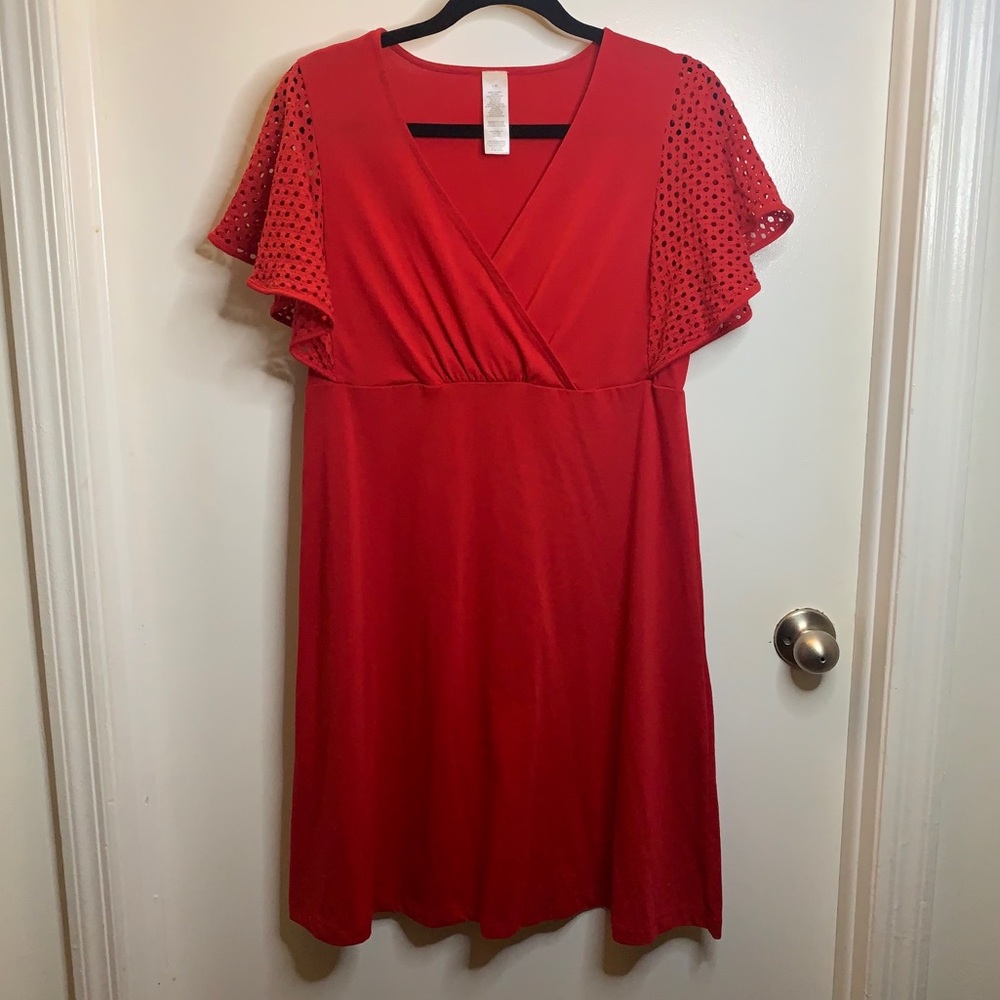 RED faux wrap casual dress with eyelet sleeves.